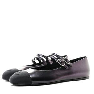 Chanel Mary Jane Lambskin Grosgrain Pearl Flats Black